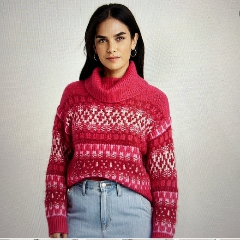 Universal‎ Thread Hot Pink Fair Isle Turtleneck Sweater Size XS